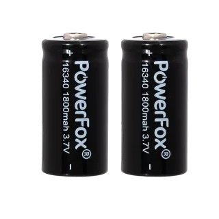 Twee PowerFox 16340 oplaadbare accu’s voor mini laserpennen